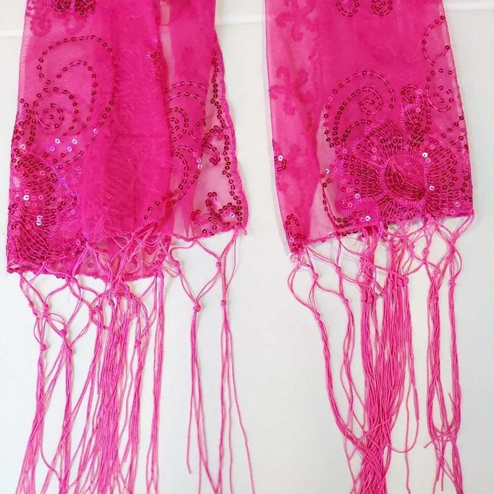 Womens Pink Mesh Sequin Metallic Party Prom Wedding Shawl Scarf With Fringe